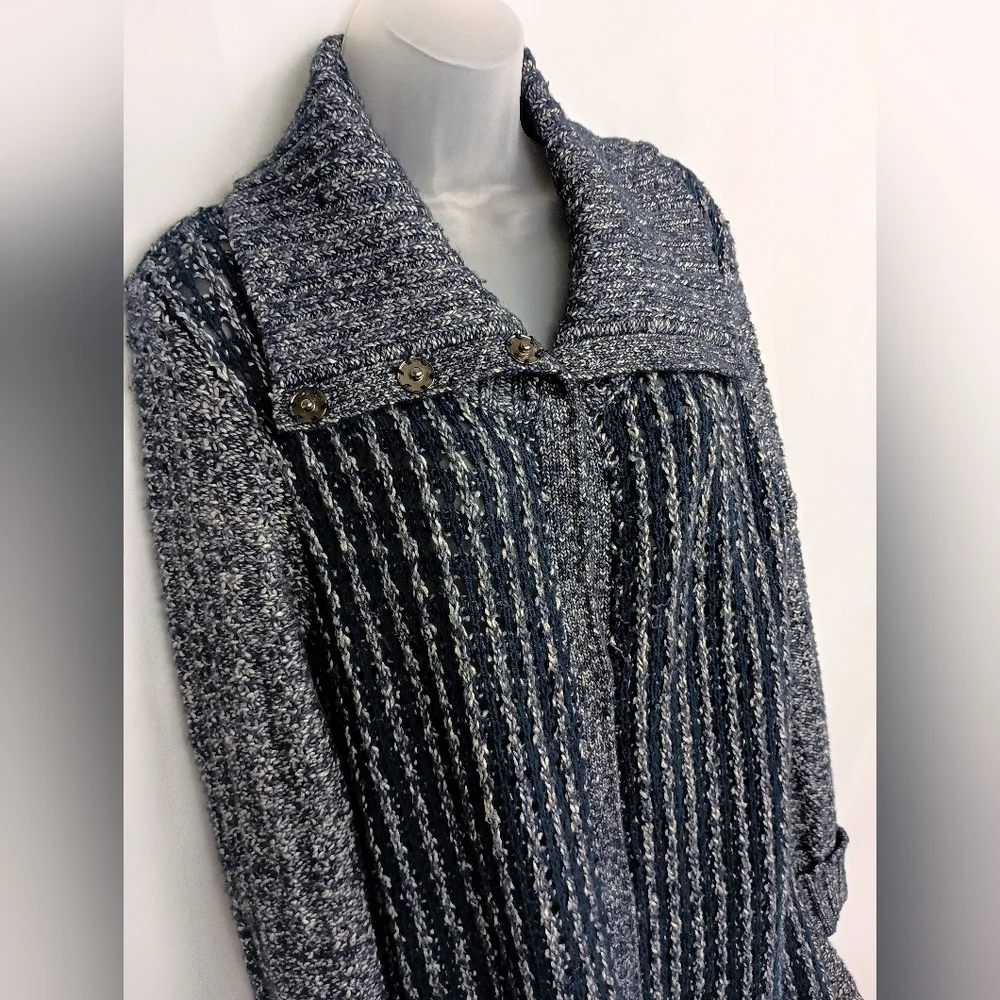 CHICOS Winter Cozy Coatigan Blue White Knit Long Cardigan‎ (1,554)C